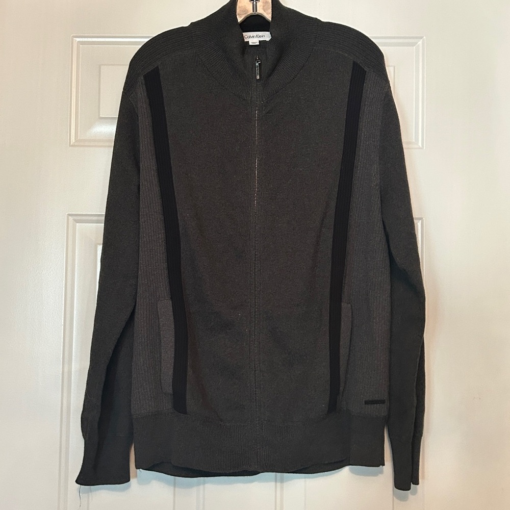 Calvin Klein Men’s Full Zip Cotton Sweater L Charcoal Black Golf Career Preppy